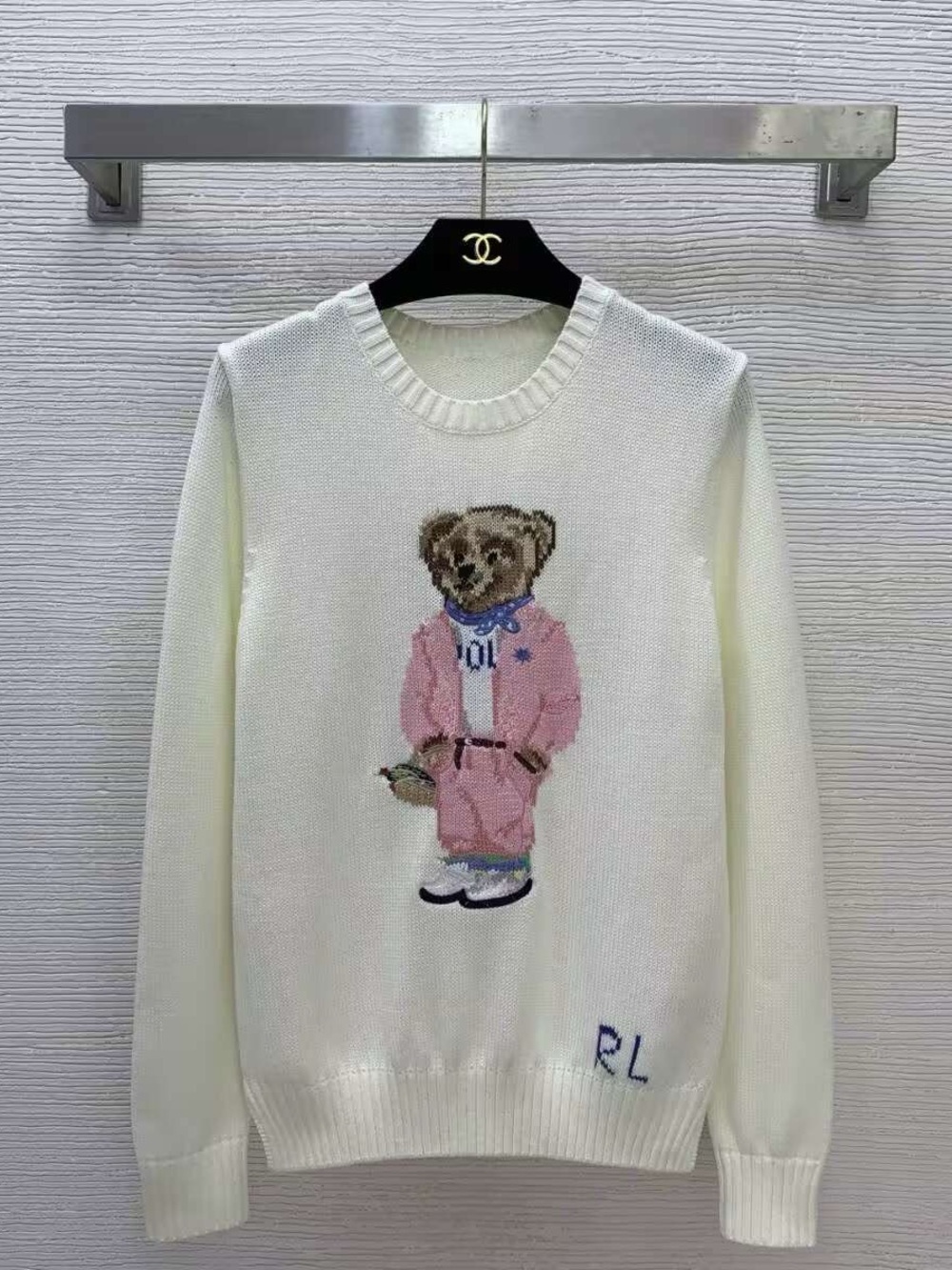 Polo by Ralph Lauren Cream Crewneck Sweater with Pink Bear Motif